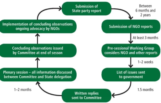 Figura 5: Il processo di reporting del Comitato CRC (da: ‘The Reporting Cycle of the Committee on the Rights of the  Child A guide for NGOs and NHRIs’ - http://www.childrightsconnect.org/connect-with-the-un-2/crc-reporting/) 