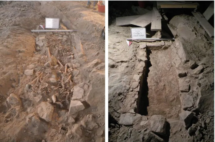 Figura 11 – La tomba 3 in fase di scavo a sinistra, a destra a completamento dello scavo (foto  MirkoTraversari)