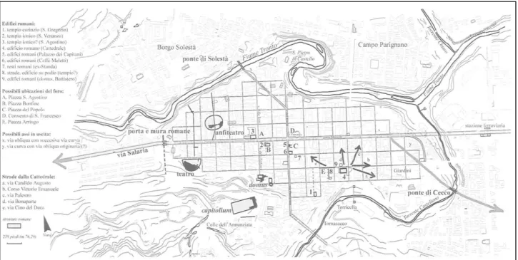 Figura 12 - Planimetria di Ascoli con la localizzazione delle principali aree archeologiche di età romana (da G IORGI  2005, p