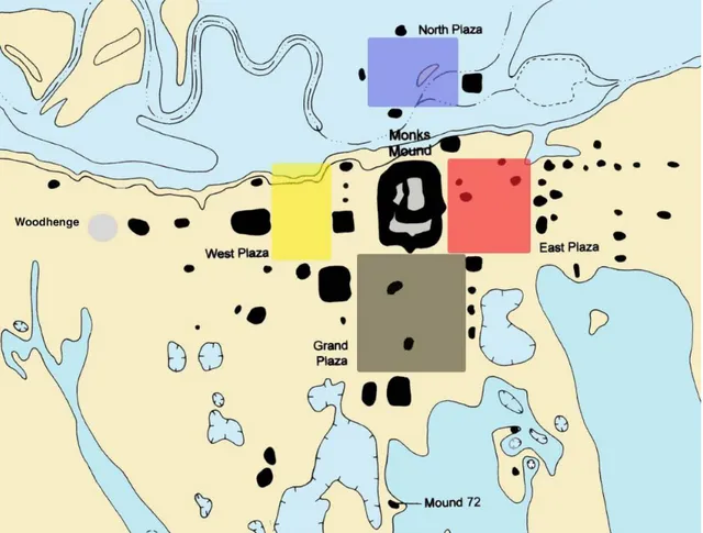 Figure 1.5 General map of Cahokia. The four plazas coloured in blue, black, yellow and red courtesy  of J