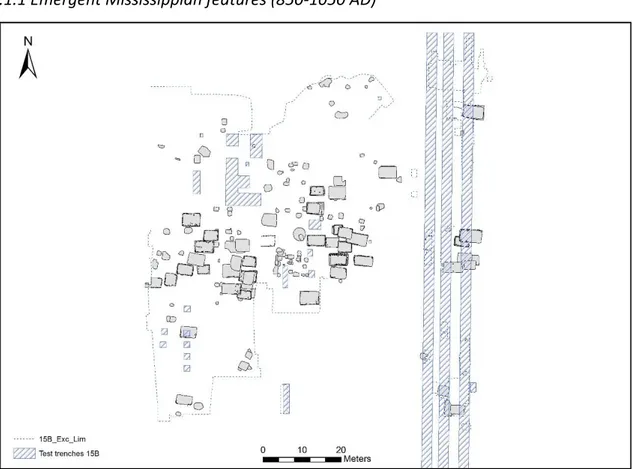 Figure 2.8 Detail GIS map of the 15B Tract’s Emergent Mississippian features (I. Valese)
