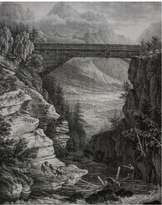Figura  3.  Le  prime  fasi  del  trasporto  del  legname  nell’alto  bacino  del  Piave  in  un’incisione di Ludwig von Martens (1829)