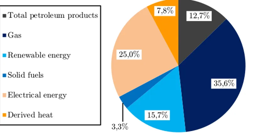 Figure 1.3. Fraction of energy sources in the residential sector in Europe in 2015, (from [1]).