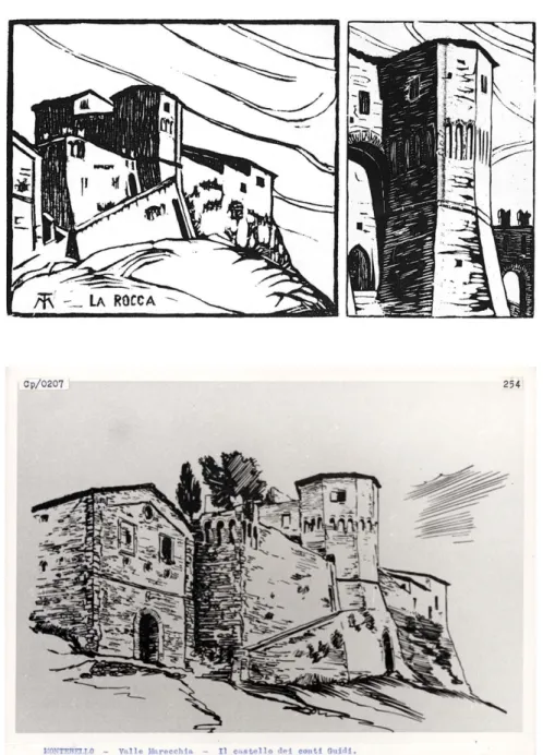 Fig. 1-2  T. MOLARI, Rocca malatestiana  di Montebello, vista d’insieme e  particolare dell’ingresso, 1934 