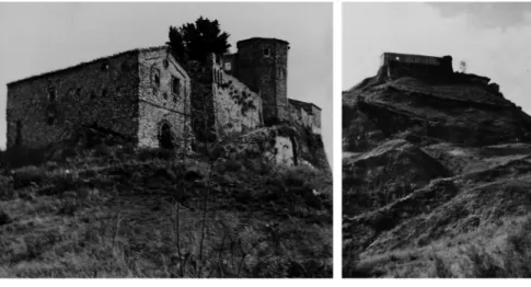 Fig. 4-5  A sinistra: Castello di  Montebello, vista d’insieme  da sud-ovest, s.d. (post 1944)  A destra: Castello di  Montebello, vista d’insieme  da nord, s.d