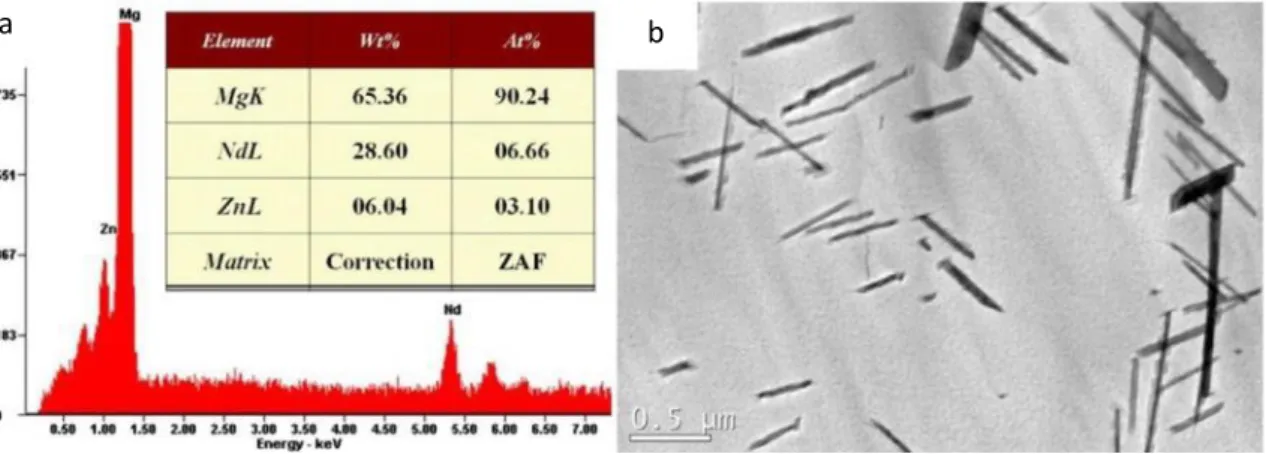 Fig. 46: EDS e immagine TEM degli intermetallici a bordo grano della lega Mg–2.7Nd–0.6Zn–0.5Zr [103]