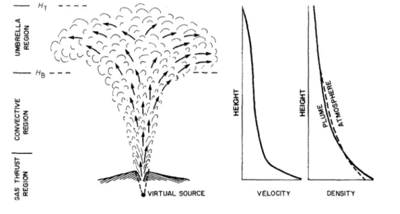 Figure 2.1: Simplified scheme of the vertical rise of an eruption column. The three main regions within the column (gas-thrust, convective and umbrella) are indicated