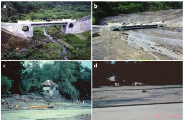 Figure 2.4: Two examples of the very high capacity of sediment transport and deposition that lahars can display: (a)-(b), 7 meters of aggradation (vertical accumulation of deposit), during a 3-month span, on the Boyong River, near Mount Merapi (Indonesia);