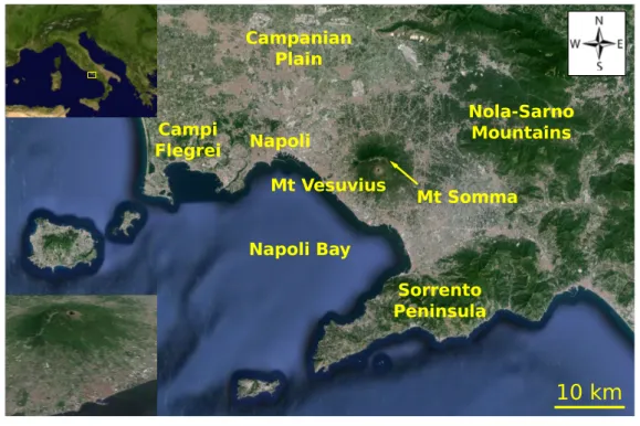 Figure 3.1: Geographical and volcanological setting of the Neapolitan area.