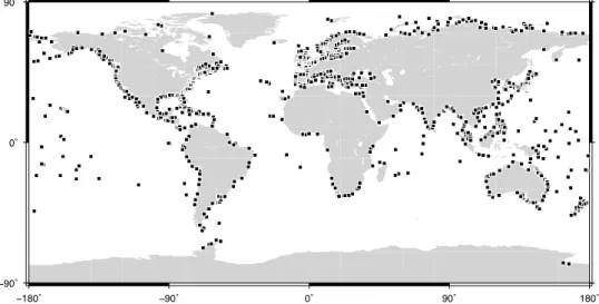 Figure 2.1: Distribution of the 1466 sites for which validated RLR sea–level data are archived at PSMSL as of June 13, 2016.