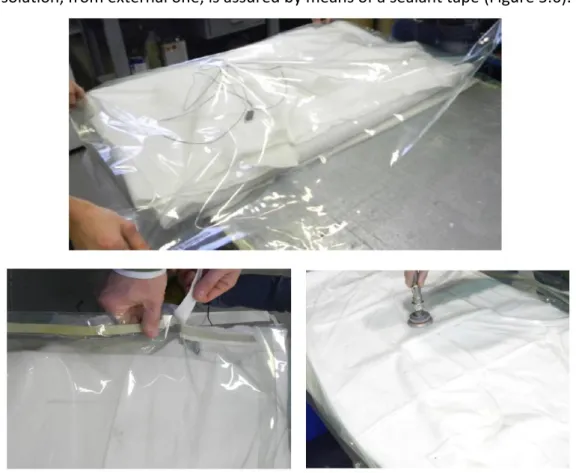 Figure 5.6: (on the top) positioning a vacuum bag foil; (on the left) sealant tape to close vacuum bag; (on  the right) vacuum pump is connected to vacuum valve to remove air