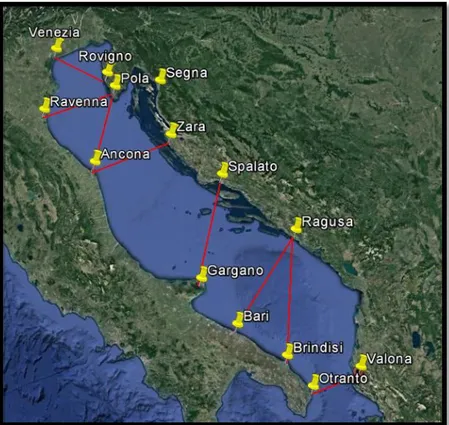 Figura 2. Rotte di attraversamento dell’Adriatico. 