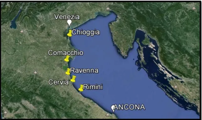 Figura 7. Costa romagnola e veneta con indicazione dei principali centri mercantili 