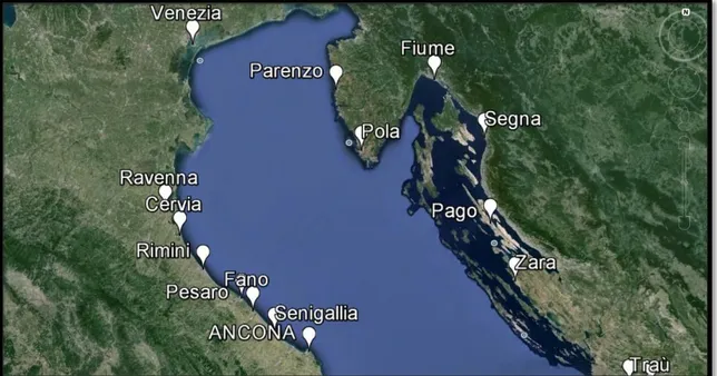 Figura 1. Area della ricerca. Il bacino del mar Adriatico e le città costiere. 