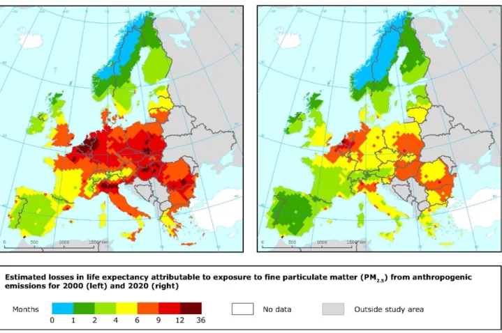 Figure  1.5.  Health  impact  of  PM  mass  concentrations  (µg/m 3 ).  Loss  in  statistical  life  expectancy  (months) that can be attributed to anthropogenic contributions to PM2.5 for the year 2000 (left) and  for  2020  (right)  for  the  CAFE  basel