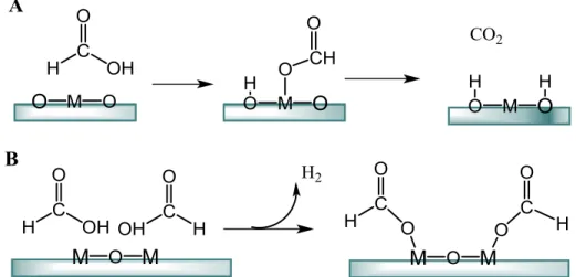 Figure 1.6 Possible Surface Adsorbed Hydrogen Donor in catalytic transfer reaction with formic  acid: (a) Adsorbed Hydrogen Atom; (b) Adsorbed Formate M=metal 