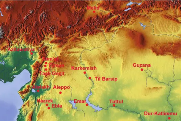 Fig. 1.1 Principali città del bronzo e del ferro nel sud-est della Turchia e a nord della Siria 5