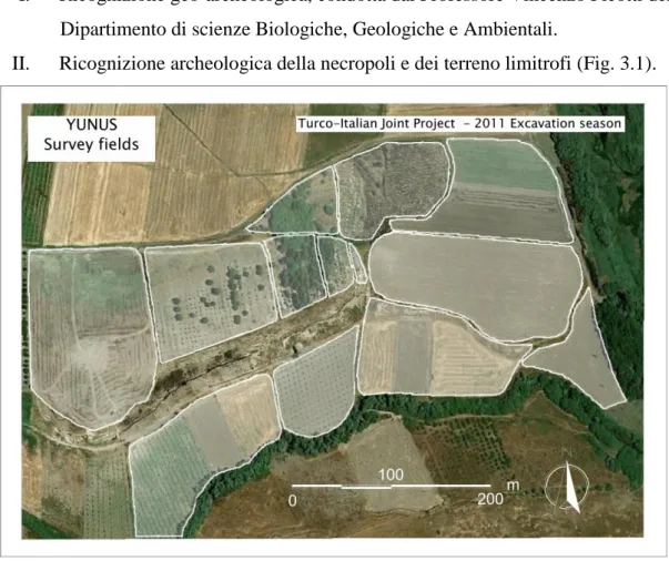 Fig. 3.1 Foto satellitare dell’area di Yunus con le aree investigate durante la survey 