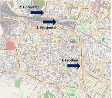 Figure 2: Map of Bologna and locations of the three segments. 