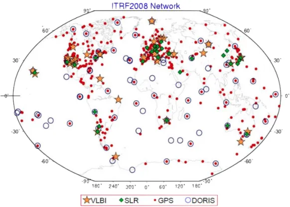 Figura 19 – Distribuzione delle stazioni permanenti per le quattro principali tecniche di geodesia spaziale che  concorrono alla definizione dell’ITRF 