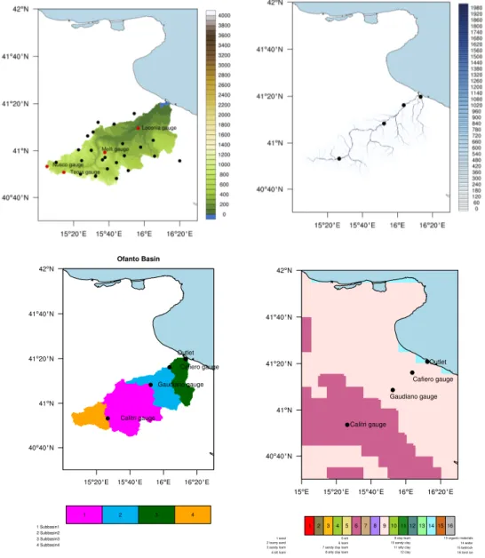 Figure 3.2: The Ofanto river Catchment. Top left panel: Topography height (units of m) and location of 27 rain-gauge stations in the catchment