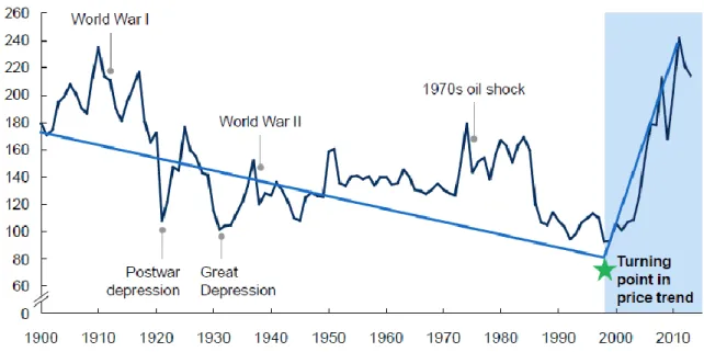 Figura 18: variazione del prezzo delle risorse nel periodo 1900 – 2013, calcolato sulla base del 