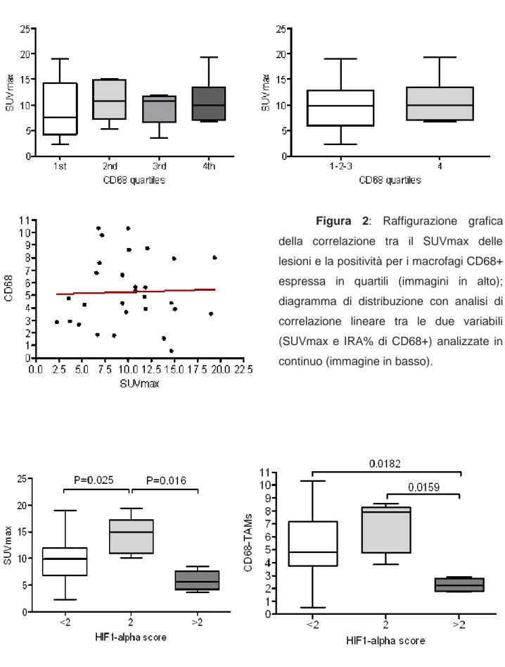Figura  2:  Raffigurazione  grafica  della  correlazione  tra  il  SUVmax  delle  lesioni e la positività per i macrofagi CD68+ 