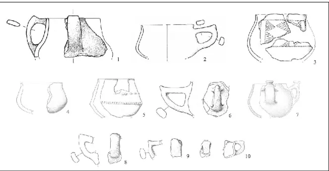 Fig.  1    Forme  e  decorazioni  ceramiche  caratteristiche  del  Bronzo  Antico.  1:  Brocca  ad  alto  collo  distinto  spalla  arrotondata e ansa a gomito da Pompeano (Mo) (C ARDARELLI  A
