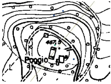 Fig. 2  Posizionamento del sito di Poggio della Gaggiola (Bo); in blu scuro le aree di scavo che hanno restituito  materiale archeologico, in azzurro (colore attribuito alle aree insediative) il pianoro probabilmente occupato  dall’insediamento