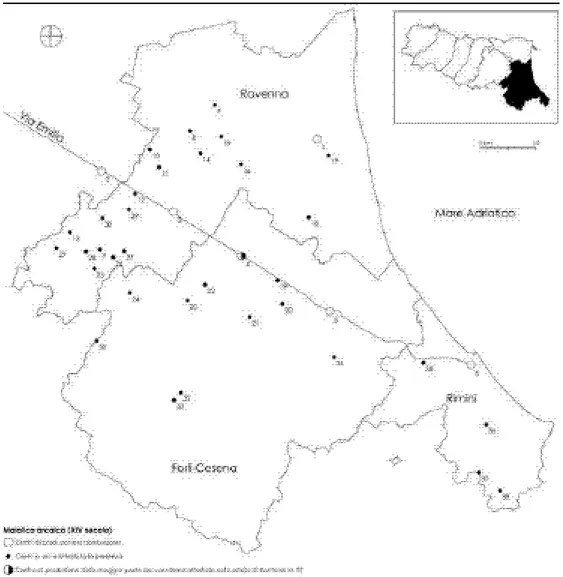 Fig. 1  Carta di distibuzione dela Maiolica Arcaica in Emilia Romagna- Cirelli 2012