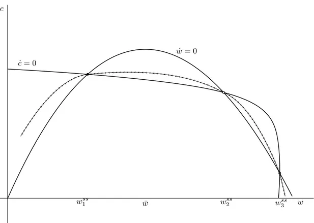 Figure A.2: Phase diagram of (15) for the parameters values: a = 3.9, β = 0.05, ¯ w = 0.82, w H = 0.44 and ρ = 0.8 c w˙c = 0˙w = 0 ¯wss1w w 2 ss w ss3
