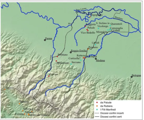 Fig. 4. Località citate nel testo (Filii Manfredi, Da Palude e Da Rubiera). 