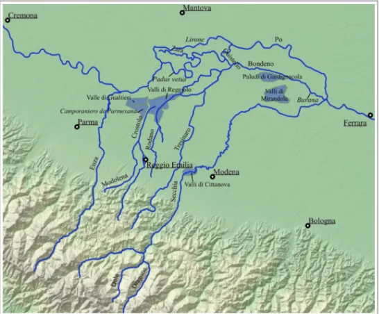 Fig.  1.  Il  territorio  reggiano  nel  XII-XIII  secolo:  corsi  d’acqua  e  zone  paludose. 