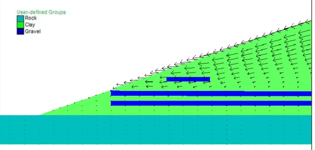 Fig. 10: vectors of displacement for soil configuration #49 with 20 gravel lenses at the foot of the slope  