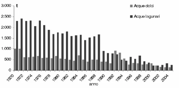 Figura 1.15: Catture di anguilla in Italia in ambienti lagunari e nelle acque interne (dati FAO, 2004)