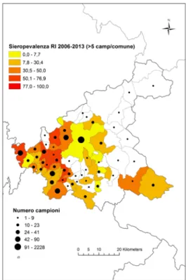 Figura 14. Distribuzione della sieroprevalenza grezza (2006-2013), numero di campioni testati  per comune 
