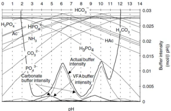 Figura  1.5  -  Intensità  del  buffer  in  presenza  dei  diversi  sistemi  tampone  presenti  in  un digestato (Amani et al., 2011) 