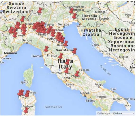 Fig.  3.3  –  Mappa  degli  impianti  industriali  di  biogas  costruiti  dalla  Sebigas  S.p.A