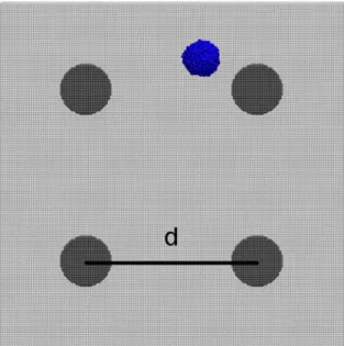 Figure	
   3.8:	
   Model	
   setup	
   for	
   DPD	
   simulations	
   of	
   cell	
   adhesion	
   onto	
   chemically	
   patterned	
   surfaces.	
  Blue	
  beads	
  represent	
  the	
  cells,	
  PLGA	
  surface	
  is	
  depicted	
  in	
  light	
  grey	