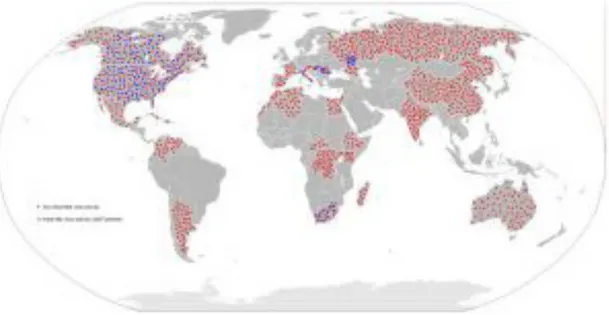 Figure  9.  Distribution  of  WNV.  Countries  with  historic  or  recent  (2007-2010)  WNV  activity  (isolations  from  mosquitoes,  birds,  horses  or  humans)  are  highlighted  in  red  and  blue, respectively (Rossi SL., et al., 2010)