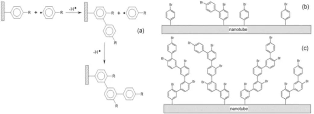 Fig.  13:  Electrochemical  surface  modification  of  SWCNTs  with  aryl  radicals  showing polymeric growth