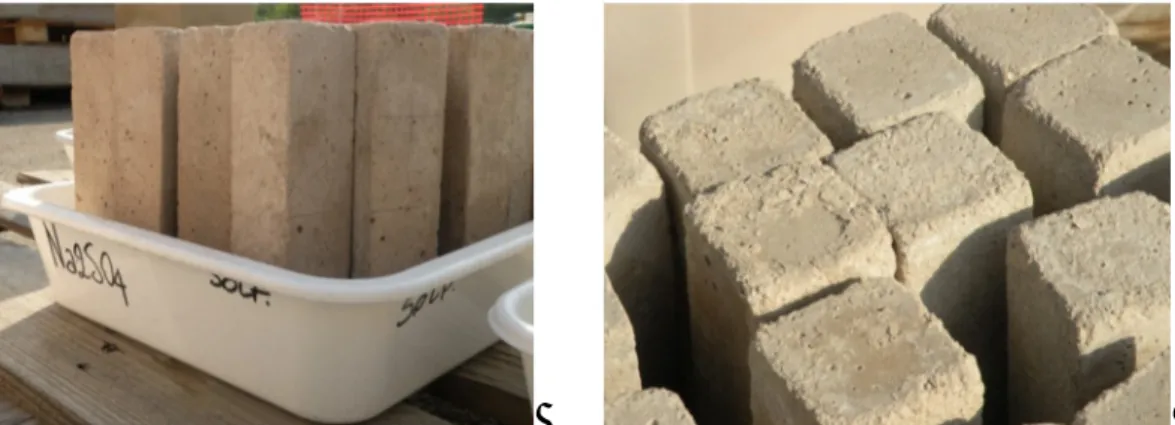 Figure 5.4: Visual decay on mortar prisms during the 3 rd  ageing season, subjected to sodium  sulphate rise: general view (left) and detail (right) 