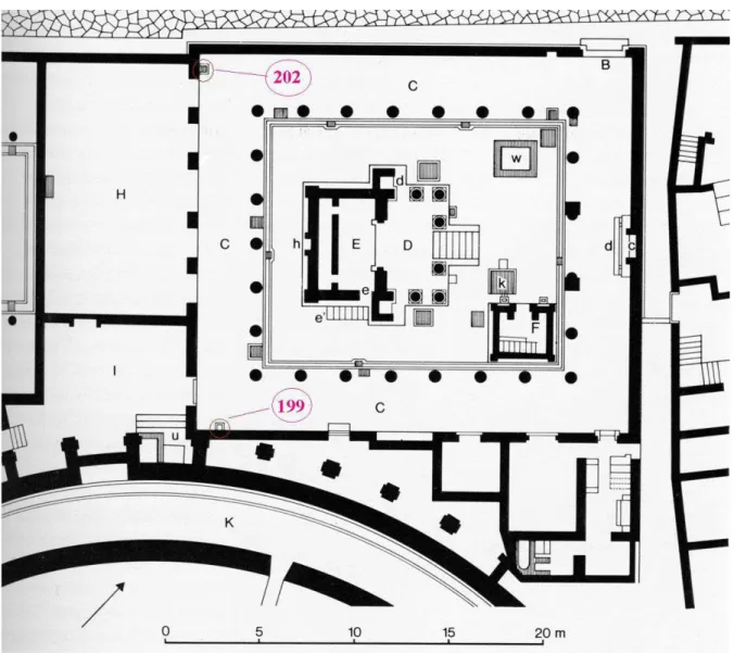 Figura 2. Pianta del santuario di Iside a Pompei: Cat. 199 (CIL X 814) e 202 (CIL X 849) 