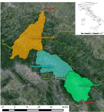 Figura 4.1: Area di studio. In rosso sono indicate le sezioni di chiusura dei rispettivi bacini.