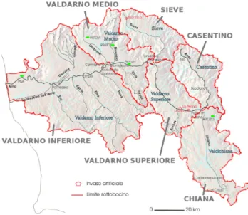 Figura 4.3: Bacino idrografico del Fiume Arno e dei suoi principali sottobacini. Fonte http://www.adbarno.it/adb/
