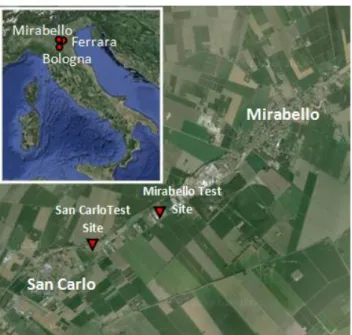 Figure 3.1:  Satellite view of the villages of Mirabello and San Carlo and location of the test sites 