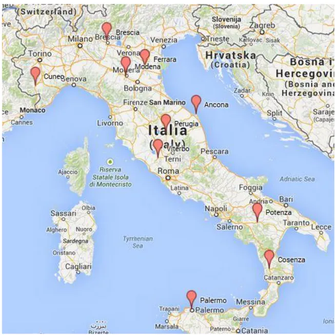 Figura 6.1: mappa delle provincie in cui sono stati effettuati i campionamenti di feci dai suini