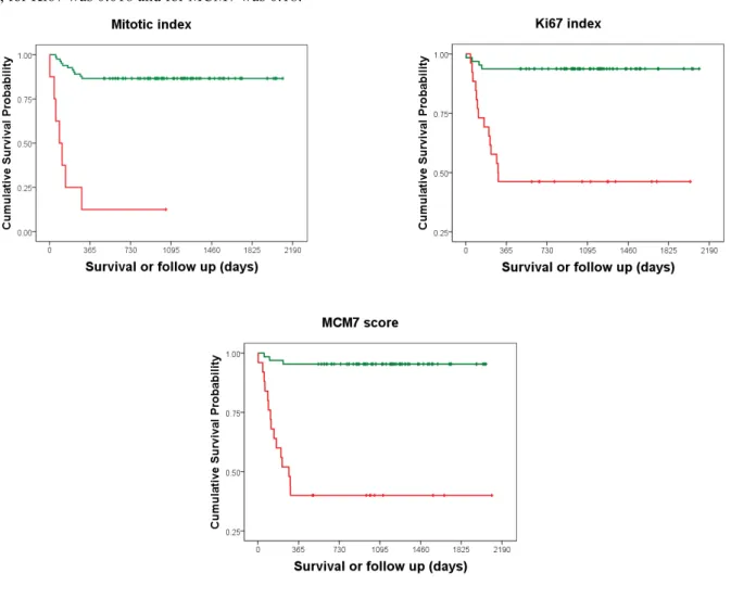 Table 6. KM survival analyses for MI, Ki67 and MCM7 with median survival time (MST) and survival  probability at 1-, 2- and 3-year