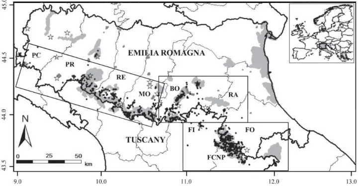Figure  M.3.1.  The  study  area  in  the  Emilia  Romagna  and  Tuscany  Apennines  in  Italy,  with  locations  of  the  noninvasive  wolf  samples  (filled  circles)  and  wolves  found  dead  (stars)