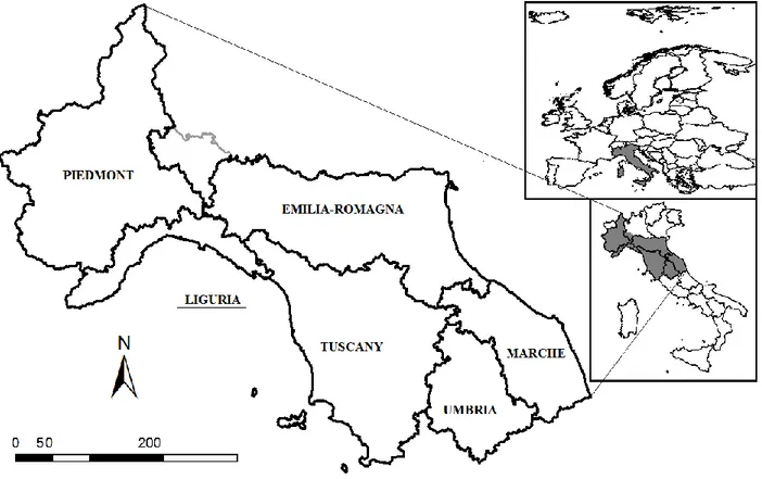 Figure M.5.1. Study area in Italy (black lines indicate regional borders, grey line indicates the  border of the province of Pavia, in the Lombardy region)